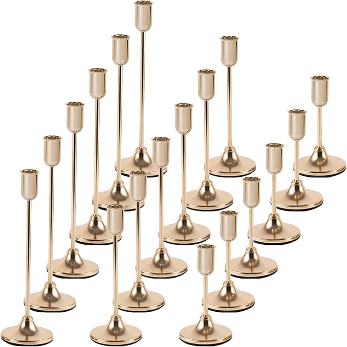 18 Pcs Gold Candlestick Holders Set - Vintage Brass Taper Candle Holder for Pillar Candles - Modern Decorative Centerpiece for Wedding Fireplace Mantel Decor - Cozy Atmosphere Housewarming Gift
