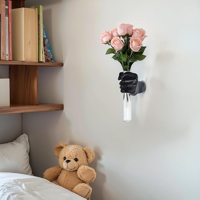 Black Hand Vase Wall Decor - Funky Art, Hand Sculpture Planter, Esculturas de Pared, Macetas para Pared, Flower Tubes, Test Tubes for Plants, Gothic Bedroom Wall Art, Mounted Vase Hanging Decor