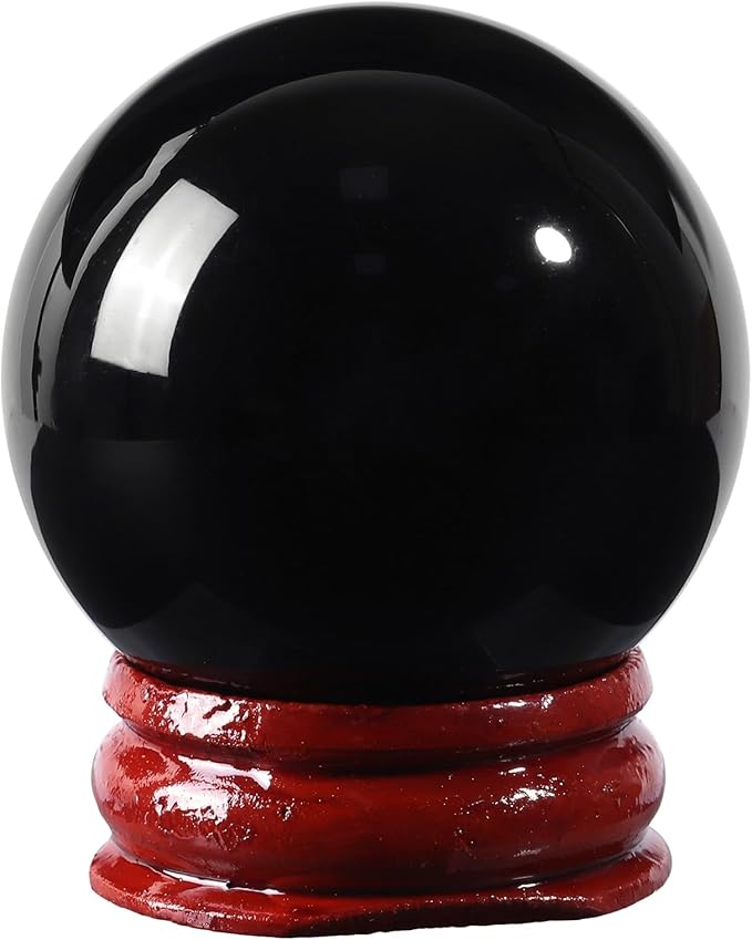Sportmusies Natural Black Obsidian Stone Sphere with Wooden Stand, Polished Crystal Ball Decoration for Home & Office