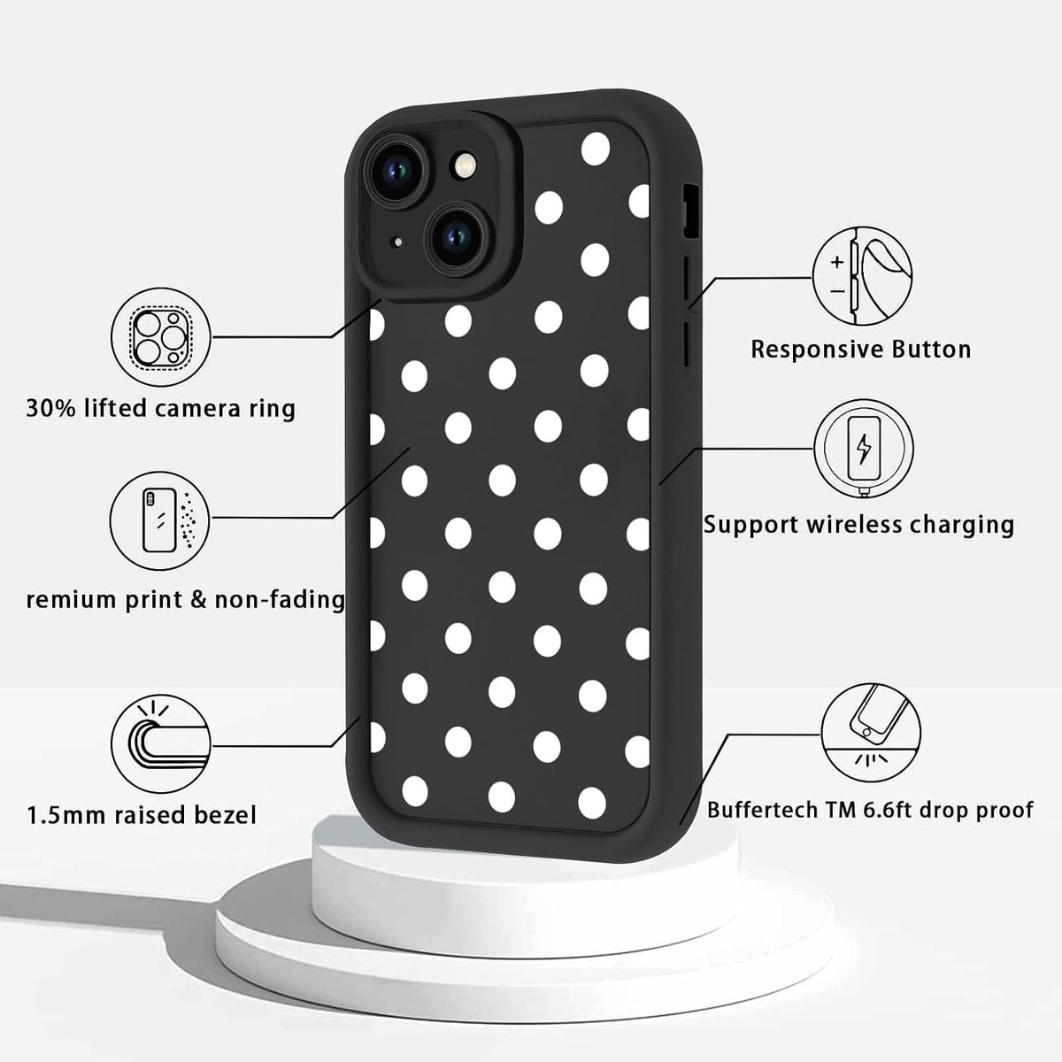Aoldimu 15 6.1",Simple 15,Black Polka Dot Phone Case for iPhone Trendy Polkadot Pattern Cases Aesthetic Design Cover