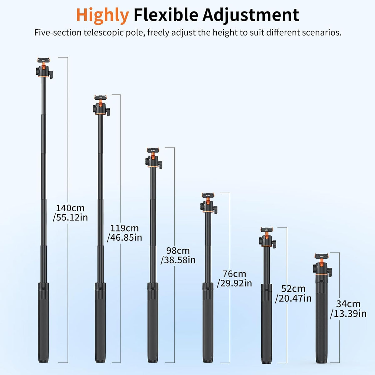 VRIG 55" 6/ 360 13 55 inches AC-71 Action Camera Selfie Stick Tripod for DJI Osmo Action Osmo Nano, Dual-Direction