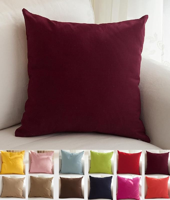TangDepot Handmade Decorative Solid 100% Cotton Canvas Throw Pillow Covers/Pillow Shams, (24"x24", Wine)
