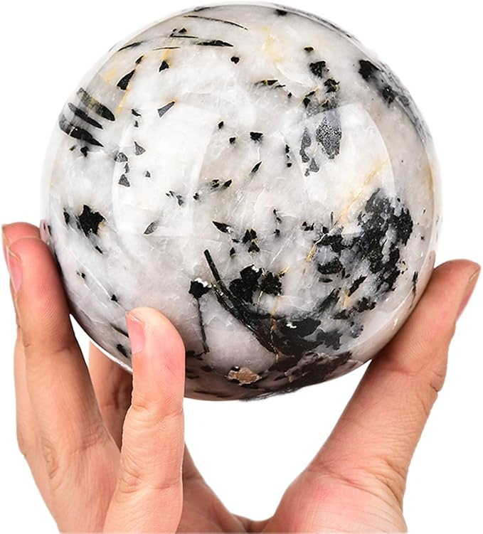 JIC Gem Large Black&White Crystal Sphere with Stand Black and White Tourmaline Crystal Ball Sphere Gemstone Decorative Ball for Home Decor Altar Reiki Feng Shui Crystal Gift 80-90mm