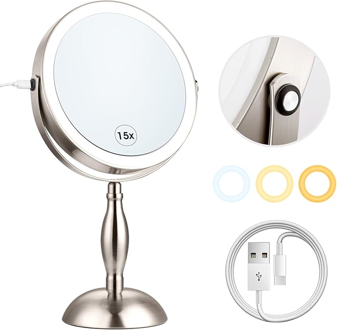 Lighted Makeup Mirror with Magnification, 15x Nickel Lights Makeup Mirror with 3 Colors, 360°Rotation Touch Screen & Rechargeable Double Sided, Brightness Adjustable, Type-C Charging Cable