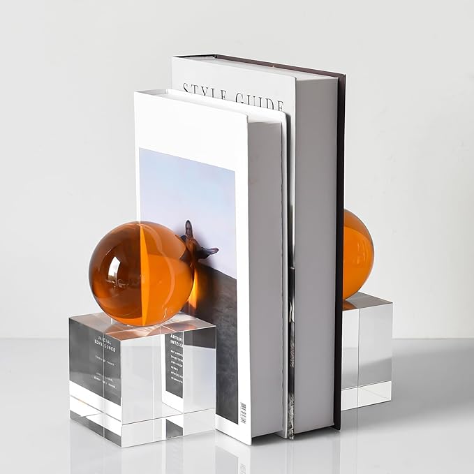 Crystal Bookends, 1 Pair of Decorative Tabletop Bookends for Office, Home, Desk, Comes with Gifed Box, Amber