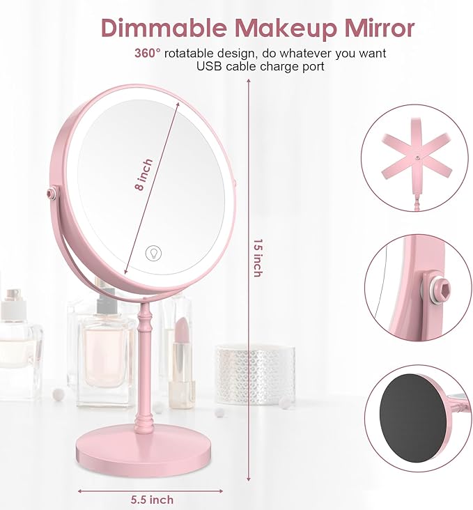 Lighted Makeup Mirror, 3000 mAh Rechargeable Double Sided Magnifying Vanity Mirror with 3 Colors, 1x/10x, 360° Rotation , Brightness Adjustable Magnification Cosmetic Light up Mirror, Women Gift