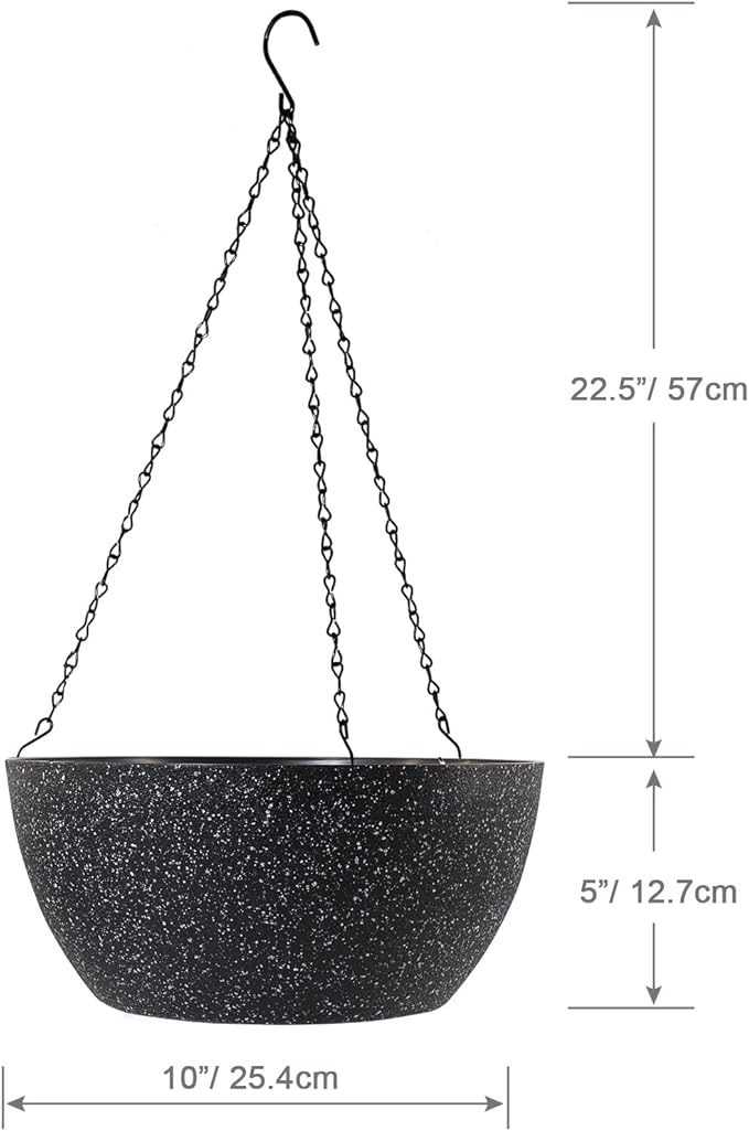10 inch Hanging Planters for Outdoor Indoor Plants with Drainage Holes and Chain, 2 Pack Round Hanging Flower Pots for Garden Home Porch Decor, Speckled Black
