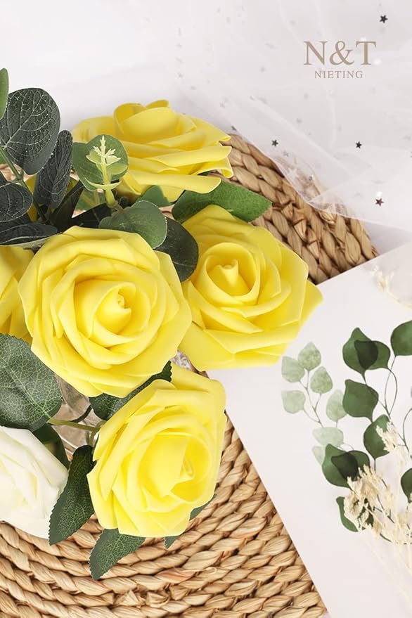 N&T NIETING Artificial Flowers Yellow Roses, 50 Pcs Fake Flowers Foam Roses Perfect for DIY Wedding Bouquets Centerpieces Bridal Baby Shower Party Home Flower Arrangement Spring Decorations