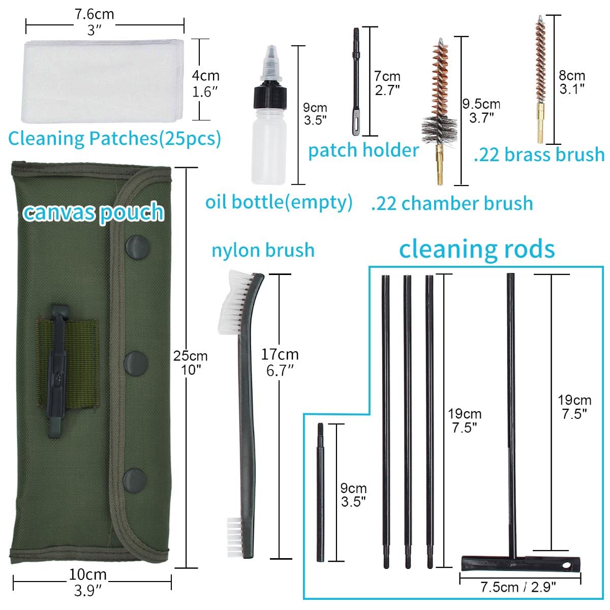 Miaozhun Compact Rifle Gun Cleaning Kit for .22 .223 Cal 5.56mm .22LR - Bore/Chamber Brushes, Gun Snake, Oil Bottle, Cleaning Rod in Portable Pouch