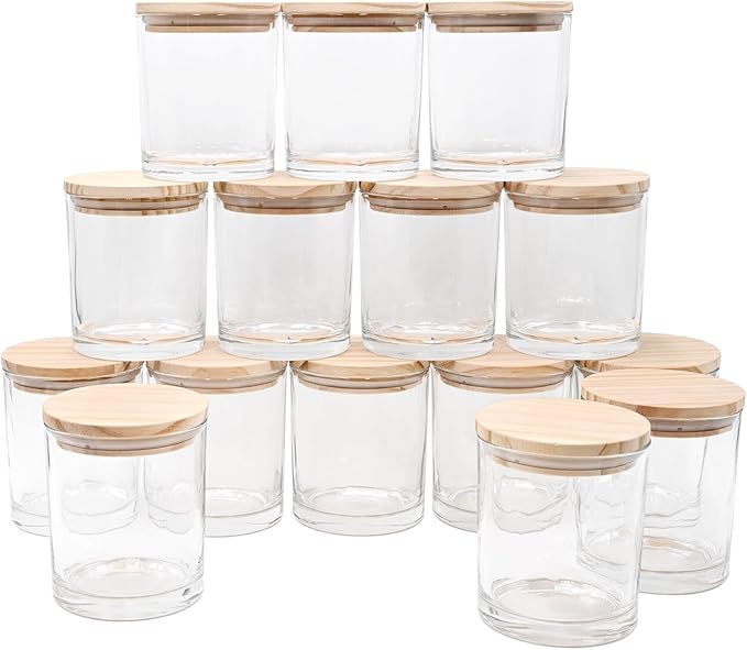 10 OZ Thick Candle Jars for Making Candles 15 Pcs, Empty Jars with Wood Lids for Candle Making, Sample Container, Clear