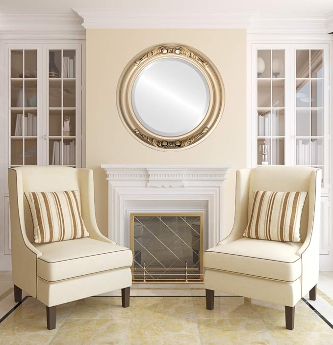 OVALCREST Round Beveled Wall Mirror for Home Decor - Florence Style - Gold Spray - 22x22 Outside Dimensions