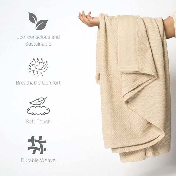 Luxury Cotton Blanket King Size – Soft & Breathable Herringbone Weave – Lightweight All-Season Bed Blanket for Warmth & Comfort – Cozy, Durable