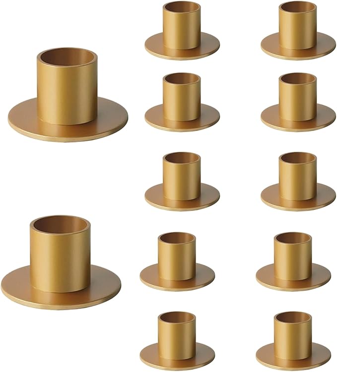 12 Pcs Brass Gold Taper Candle Holders Elegant Candlestick Set for Table Centerpieces, Festive Mantel Displays & Sophisticated Home Decor
