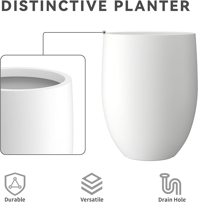Kante 21.7" H Snow White Concrete Tall Planter, Large Outdoor Indoor Decorative Pot with Drainage Hole and Rubber Plug, Modern Round Style for Home and Garden