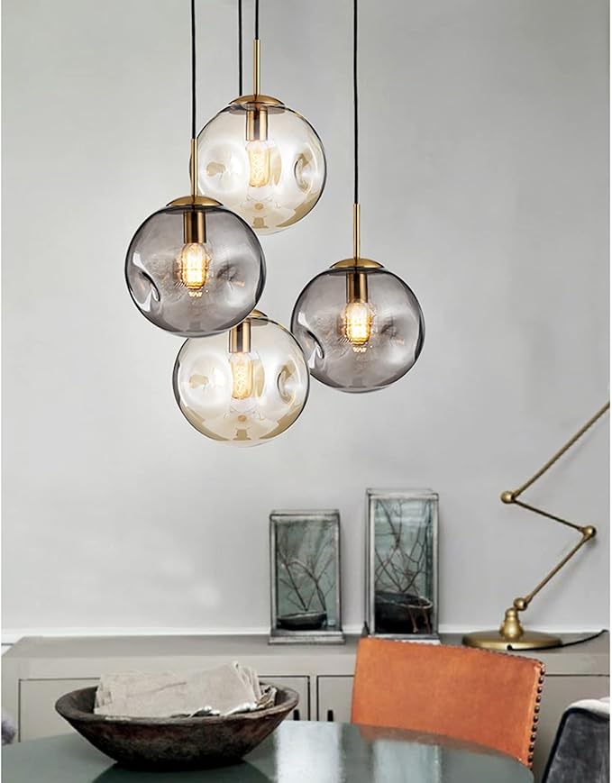 Brikey Glass Spherical Pendant Light,Gold Iron & Glass Globe Hanging Ceiling Lamp (9.8‘’, Amber)
