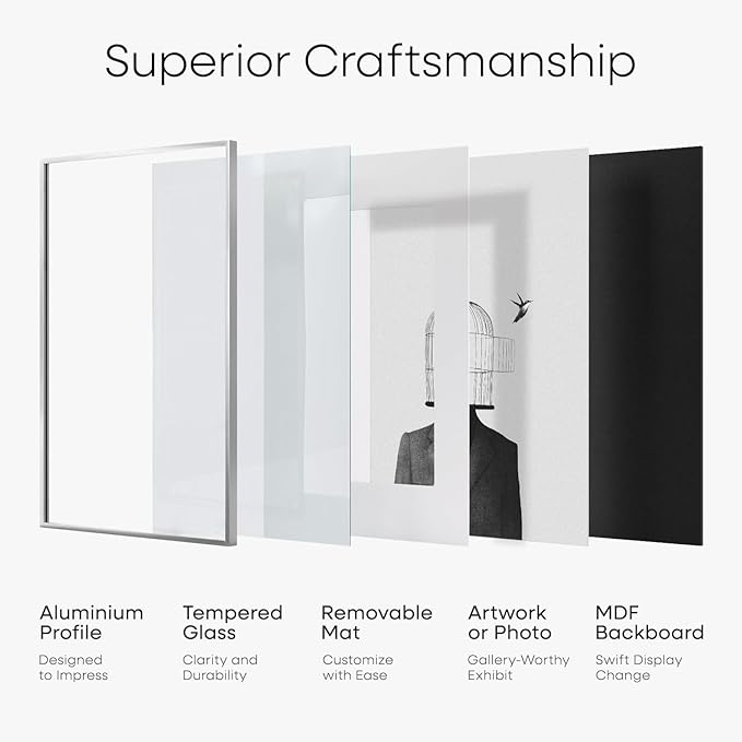 Homeforia A4 Picture Frame Silver, High End Metal 8.3 x 11.7 inch Silver Poster Frames with Mat 5.8 by 8.3 Art, A4 Frame Matted to A5 Photo, 8.3x11.7 Wall or Tabletop Frames, Tempered Glass, Set of 3
