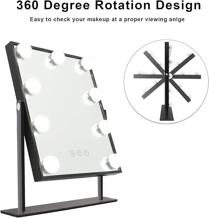 Hansong Lighted Vanity Mirror Makeup Mirror with Lights Hollywood Mirror with 9 LED Bulbs and Detachable 10X Magnification Black Vanity Mirror with Lights 360 Degree Rotation