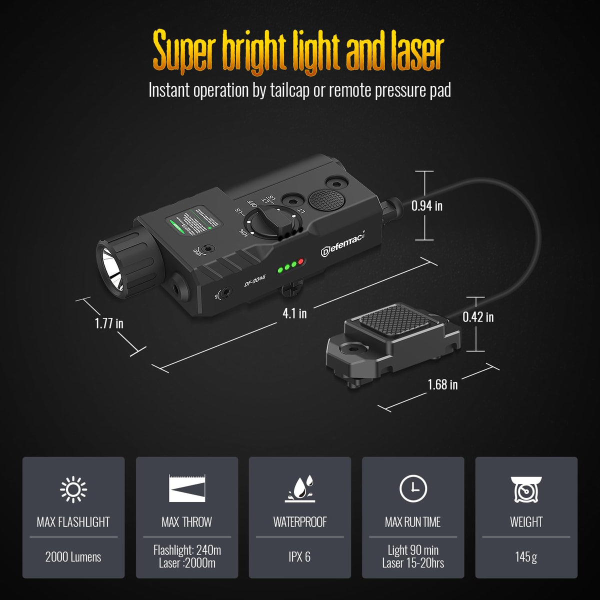 DEFENTAC 2000 Lumens Green Laser Light Combo Compatible with Mlok/Picatinny (2 in 1), Rechargeable Tactical Flashlight with Strobe/Momentary for Rifle, with Remote Switch