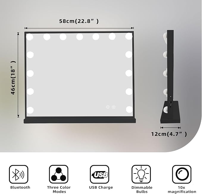 Fenair Vanity Mirror with Lights 22.8"x 18.1" Makeup Mirror with Lights and Speaker 15 Dimmable Bulbs,3 Colors Modes,Hollywood Mirror with USB Charging and 10X Detachable Magnification Mirror（Black）