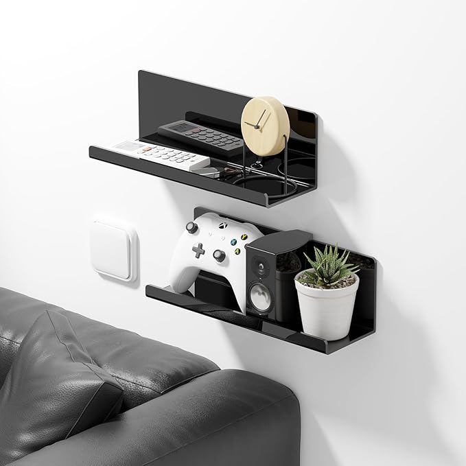 PAVSTINE Acrylic Floating Shelves for Wall No Drilling, Self Adhesive Space-Saving Shelves, 12 Inch Floating Shelf Stick on Wall Shelf, for Bathroom, Kitchen, Bedroom, Office, Gaming Room, Black