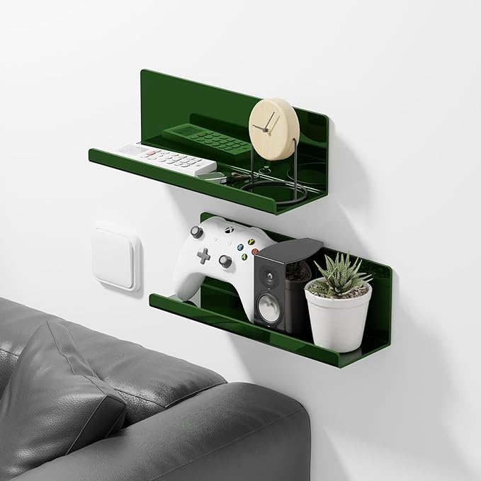 PAVSTINE Adhesive Floating Shelves for Wall No Drilling, 12 Inch Acrylic Self Adhesive Shelves, Stick on Shelves, Dorm Wall Shelf, for Bathroom, Kitchen, Bedroom, Office, Gaming Room, Green