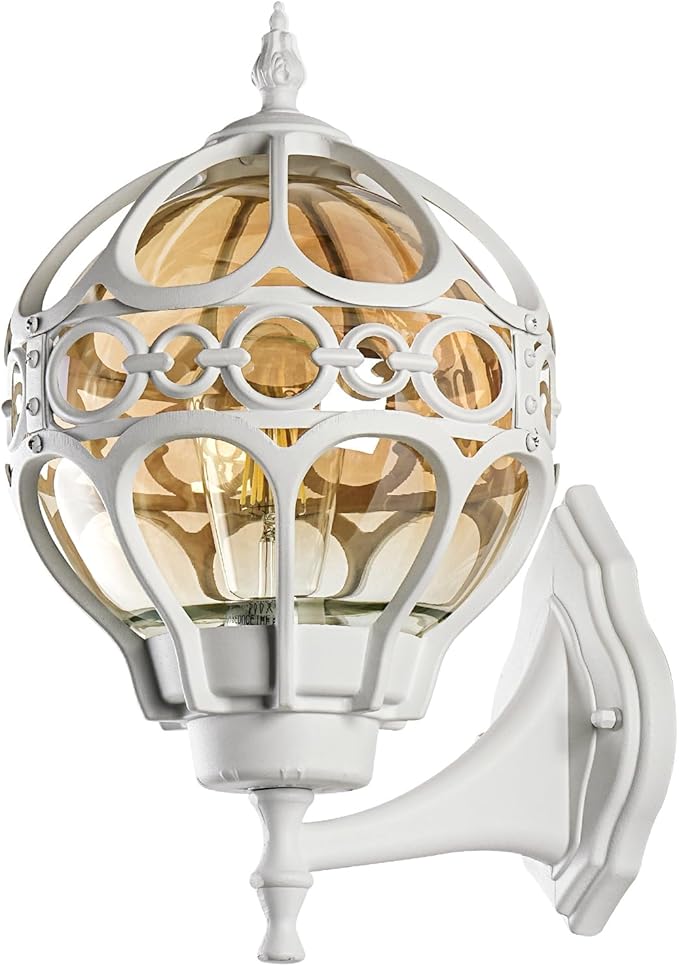 Globe Outdoor Wall Lights for Porch Patio Garage, White Aluminum Outdoor Light Fixtures Wall Mount, Sphere Waterproof Outside Wall Sconces Exterior House Lantern Lighting with Amber Glass