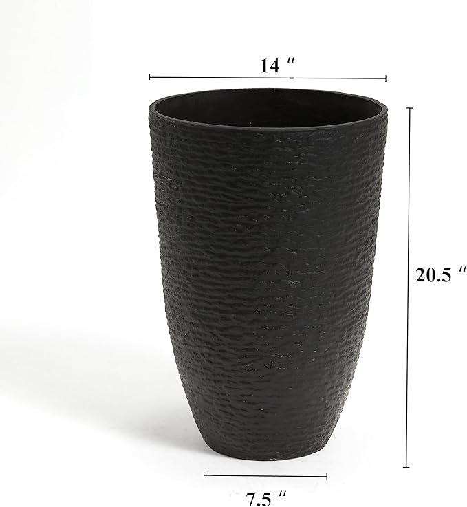 WORTH Garden 21" H Tall Planters 2 Pack - 14'' Dia Resin Large Round Black Flower Pots for Outdoor Plants Trees - Imitation Stone Finish Plastic Indoor Front Porch 9 Gallon Decorative Container Patio