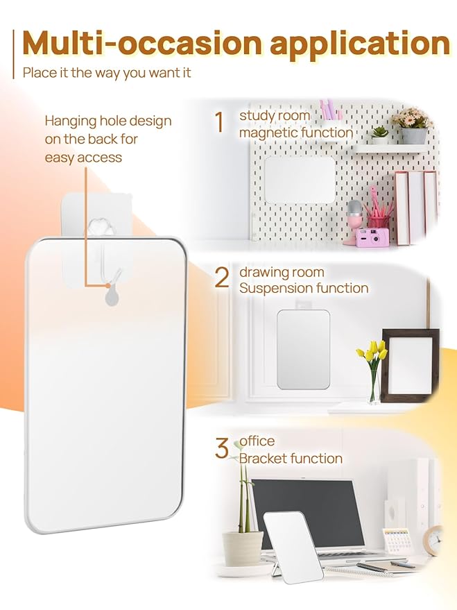 OMIRO Magnetic Locker Mirror, 10 x 7 inches Desk Makeup Mirror with Adjustable Stand and Hanging Hole for Shaving and Traveling, Strong Magnets for Secure Attachment,White