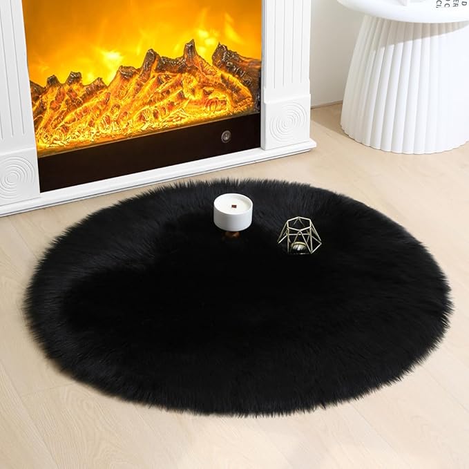 CKLASAY Faux Fur Rug Sheepskin Fuzzy Rug Super Soft Fluffy Plush Area Rug Bedroom Floor Children's Room Sofa Cushion Living Room Bedside Rugs (Black,3×3 ft Rotund)