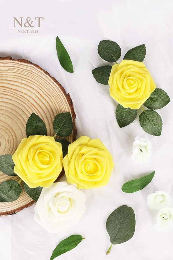 N&T NIETING Artificial Flowers Yellow Roses, 50 Pcs Fake Flowers Foam Roses Perfect for DIY Wedding Bouquets Centerpieces Bridal Baby Shower Party Home Flower Arrangement Spring Decorations