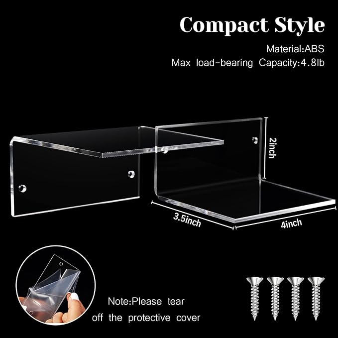 Yalikop 5 Pieces Small Floating Shelves for Wall 4'' Acrylic Mini Wall Shelf Acrylic Display Shelf Clear Hanging Shelves Room Decor for Bedroom, Bathroom, Living Room, Office