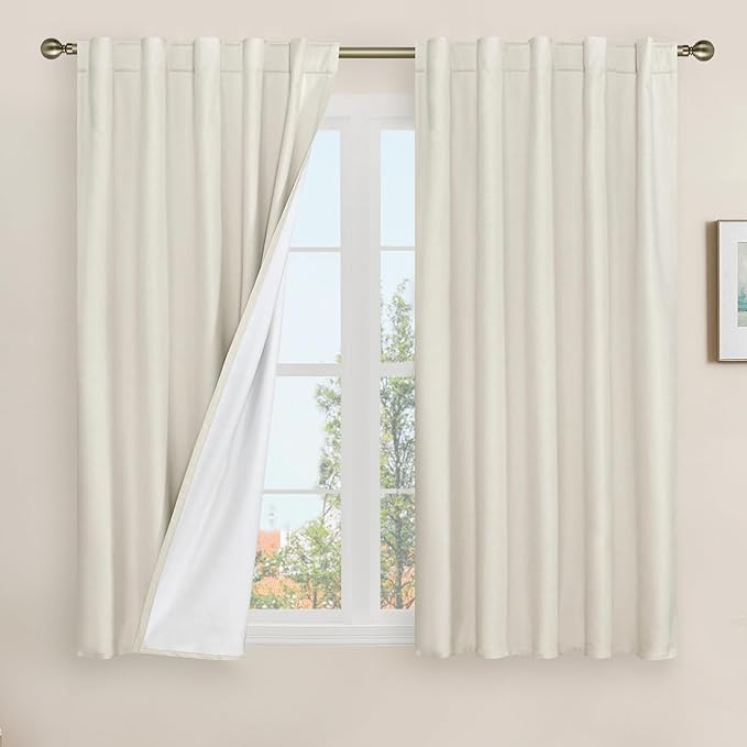 LAMIT Natural 100% Blackout Linen Curtains, 45 Inches Linen Textured Thermal Bedroom Curtains Back Tab and Rod Pocket Neutral Panels with White Liner for Farmhouse, 2 Panels, 42 x 45 Inch, Ivory