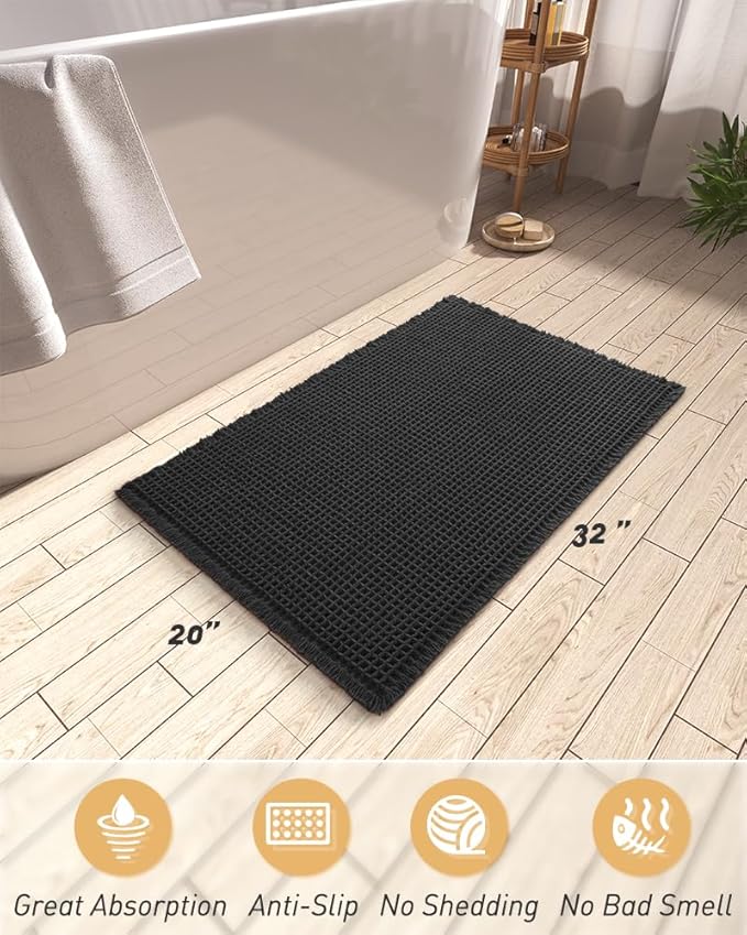 AMOAMI Upgraded Waffle Bath Mat, Super Absorbent Non Slip Bath Mats for Bathroom Floor, Machine Washable Bathroom Rugs with Tassels, Rubber Backed Bathroom Mats, Ultra Soft, 20" x 32", Black