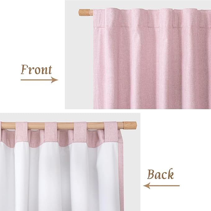 LAMIT Pink 100% Blackout Window Curtains for Girl Bedroom, 45 Inches Linen Textured Thermal Farmhouse Curtains Back Tab and Rod Pocket Window Panels with White Liner, 2 Panels, 52 x 45 Inch