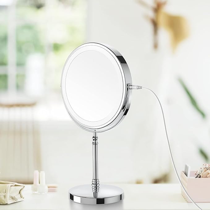 Lighted Makeup Mirror, 3000 mAh Rechargeable Double Sided Magnifying Vanity Mirror with 3 Colors, 1x/10x, 360° Rotation , Brightness Adjustable Magnification Cosmetic Light up Mirror, Women Gift