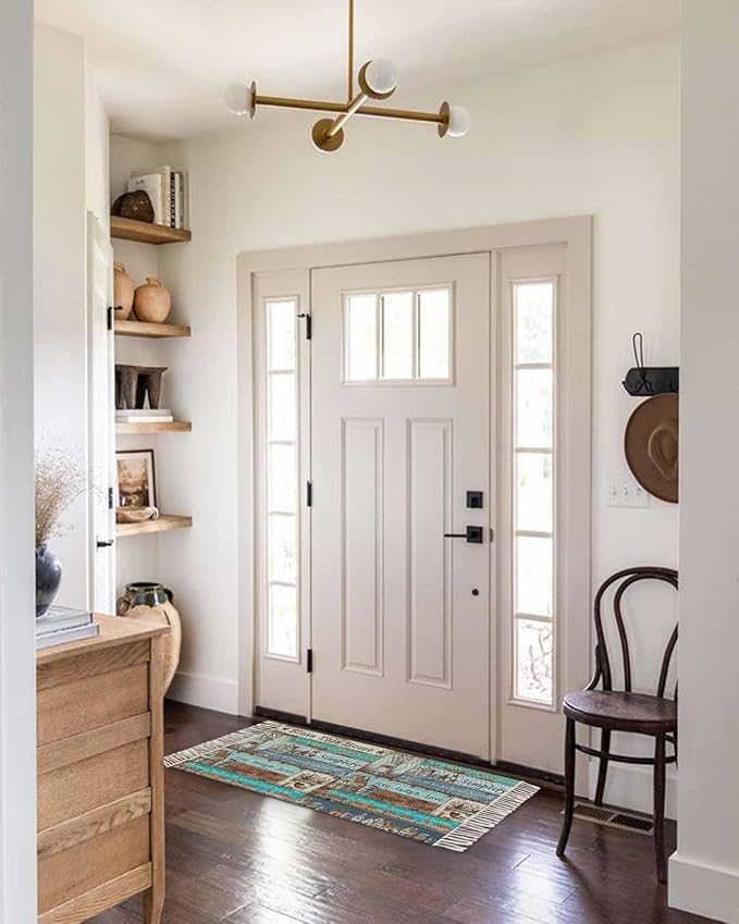 Turquoise Blue Brown Hallway Runner Rug 2X6 Ft Kitchen Carpet, Washable Woven Vintage Barn Rustic Cabin Throw Carpet with Tassel, Non-Shedding Country Star Farm Wooden Plank Bedroom Laundry Rugs