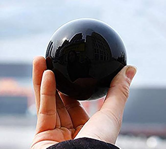 JIC Gem Small Black Obsidian Sphere Ball with Wooden Stand for Fengshui Healing Crystal Decoation Meditation Ball (2.2", 55mm)
