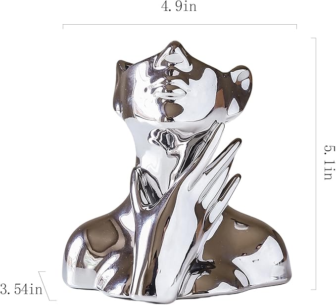 BrownLove Silver Ceramic Face Vase, Modern Silver Decorative Art Vase, Bookshelf Placed On The Desktop, Small Living Room, Office and Bedroom