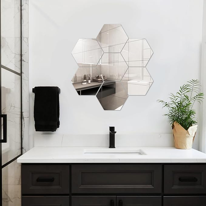 Abyssaly 4 Pack Acrylic Mirror Stickers 11.8" x 11.8", 3D Hexagon Flexible Plastic Mirror Tiles for Wall, Frameless Non-Glass Full Length Stick on Espejos Wall Tile Sheets for Bedroom Home Gym Door