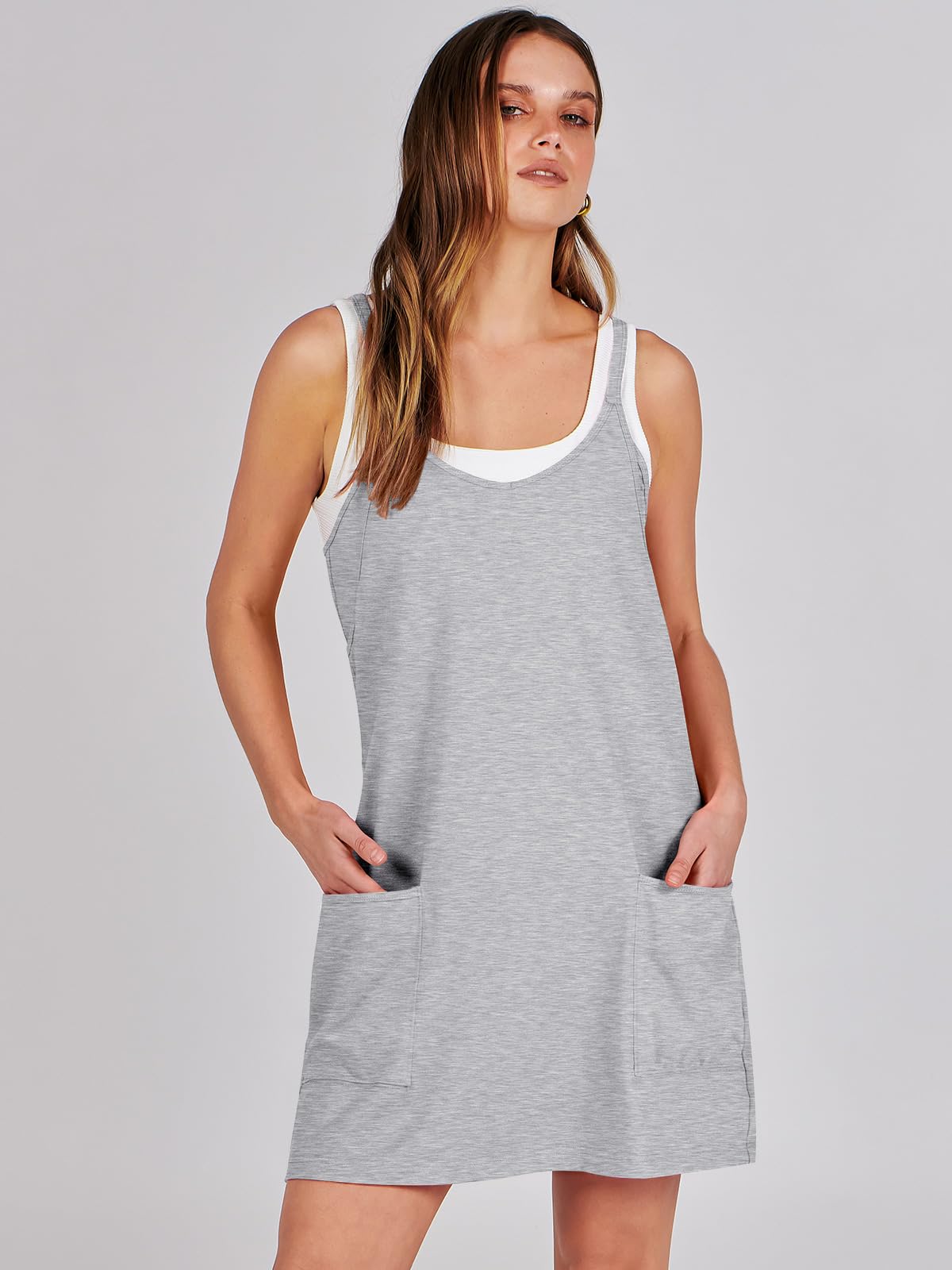 ANRABESS Women Athletic Dress Summer Tennis Workout Active Sports Mini Romper Dress Built in Shorts Travel Vacation Clothes Heather Gray Small