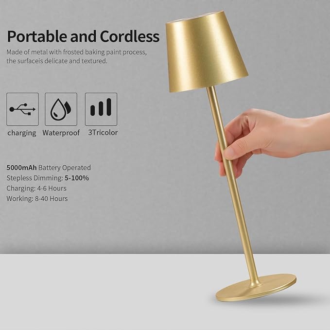 BGFHome Cordless Table Lamp LED Desk lamp,5000mAh Rechargeable Touch Night Light Wireless Minimalist Design for/Restaurant/Bedroom/Bars/Outdoor Party/Camping/Coffee Shop(2 Pack Gold)…