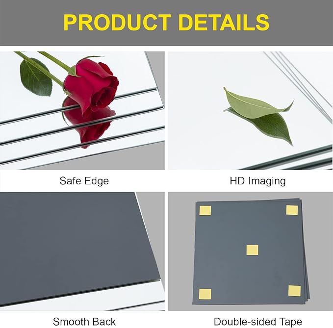 Ruomeng Full Length Wall Mirror Tiles - 10" x 10" x 4Pcs Frameless Full Body Mirror Tiles Wall Mounted Mirror for Home Gym Vanity Bedroom, Living Room