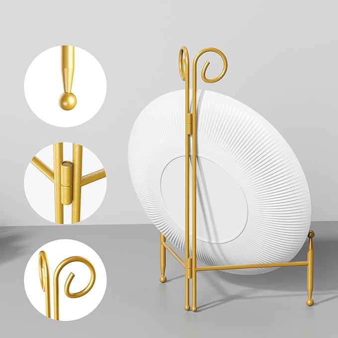 SVENJBB 10 Inch Plate Stands for Display, Gold Metal Frame Holder Stand for Picture and Decorative Plate, Collapsible Easel Display Stand for Platter, Book and Art (1 Pack)