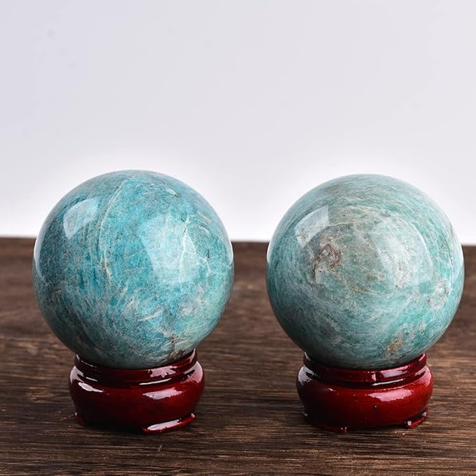 JIC Gem Natural Amazonite Crystal Sphere with Wood Stand Gemstone Sphere, Polished Healing Energy Mineral Gemstone Balls for Reiki Chakra Decoration Fengshui (2-3inch)