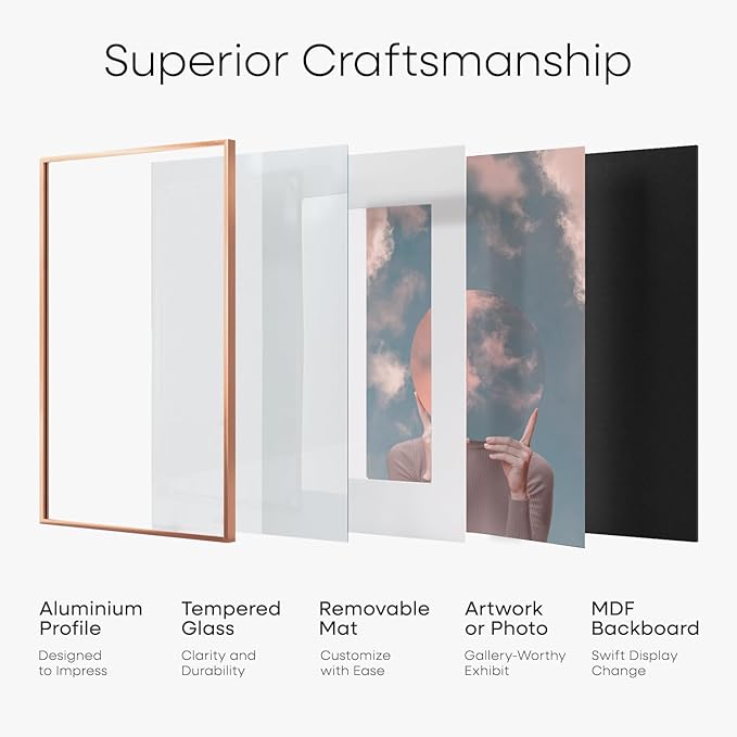 Homeforia 10x13 Picture Frame Rose Gold, High End Metal 10x13 Wall Hanging Frame with Mat 8.5x11, 10 x 13 Poster Frames Matted to 8.5 x 11 inch Photo, 10by13 Frames, Tempered Glass, Wall Kit, Set of 1
