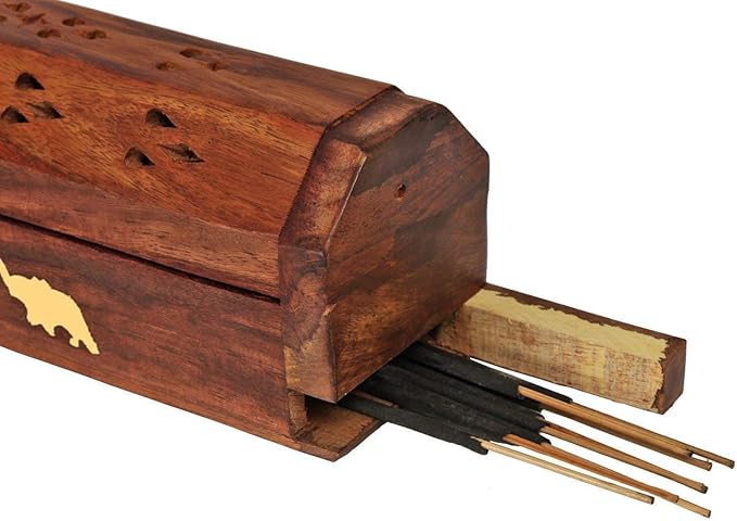 raajsee Beautiful Handmade Wooden Brown Incense Stick Holder Burner Storage Coffin Box - Ash Catcher with Brass Inlay -Home Utilities & Accessories -Meditation -Great Gift for Any Occasion 12x2 inch
