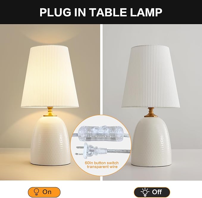 Modern Textured Ceramic Table Lamps 22.75In, White Table Lamp Decor for Living Room Bedroom Bedside End Desk Tables Lamp