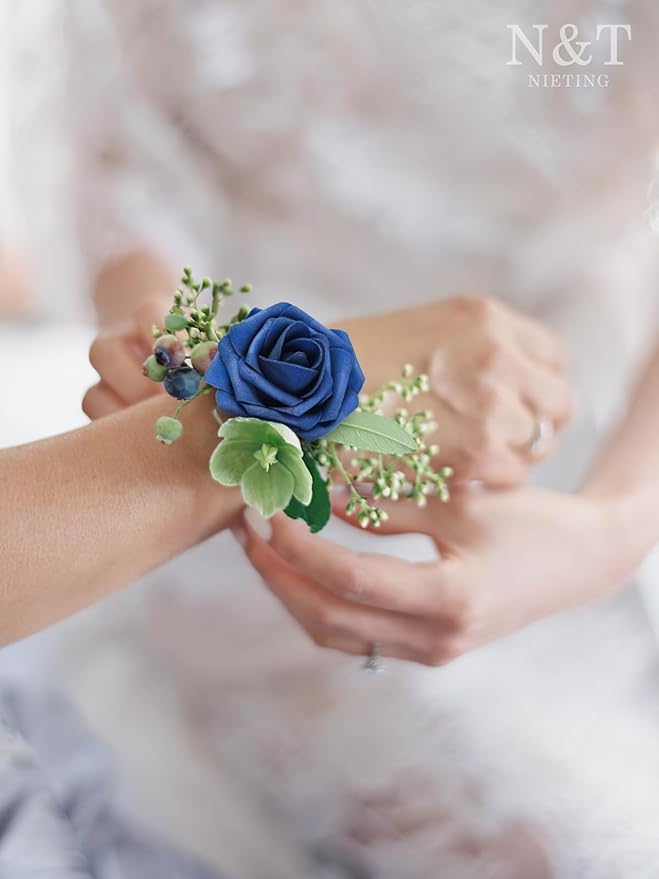N&T NIETING Artificial Flowers Navy Blue Roses 50Pcs Fake Flowers Foam Roses with Stems for DIY Wedding Bridesmaid Bridal Bouquets Centerpieces Party Home Decoration Baby Shower