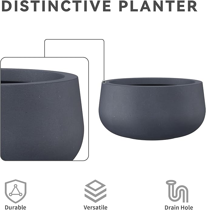 Kante 15.7" Dia Round Concrete Planter, Cement Plant Pots with Drainage Hole and Rubber Plug for Outdoor Indoor Garden Home, Modern Curvaceous Design, Dark Gray