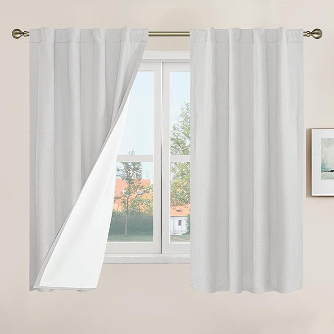 LAMIT Short Window Linen Curtains 48 Inch Length 2 Panels, 100% Blackout Linen Textured Thermal Curtains Back Tab and Rod Pocket Neutral Panels with White Liner for Bedroom, 34 x 48 Inch, Light Grey
